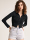 Solid Folds Long Sleeve Lapel Button Blouse Women - Black