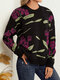 Plants Jacquard Long Sleeve O-neck Knit Pullover Sweater - Coffee