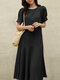 Cotton Solid Ruffle Short Sleeve Round Neck Casual Midi Dress - Black