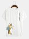T-shirts à manches courtes imprimés japonais avec chat de dessin animé mignon pour hommes - blanc