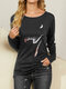 Cat Print Long Sleeves O-neck Casual T-shirt For Women - Black