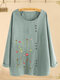Floral Embroidery Button O-neck Long Sleeve Blouse - Light Green