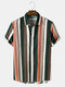 Mens Colorful Striped Button Up Short Sleeve Preppy Shirt - Green