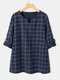 Plaid Print Button V-neck Long Sleeve Casual Blouse for Women - Navy