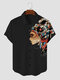 Mens Ethnic Figure Side Print Lapel Short Sleeve Shirts - Black