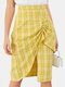 Check Print Folds Zip Irregular Hem Skirt For Women - Yellow