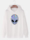 Mens Laser Alien Print Solid Casual Relaxed Fit Pullover Hoodie - White