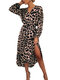 Cuello de pico con estampado de leopardo y cinturón Plus Talla informal Vestido  - Caqui