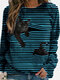 T-shirt Cat Print manga comprida Black às riscas Plus tamanho - azul