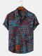 Mens Ethnic Vintage Print Casual Turn Down Collar Short Sleeve Shirts - Blue