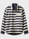 Mens Stripe Half Button Flap Pocket Casual Long Sleeve Golf Shirts Winter - Dark Blue