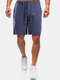 Mens Linen Breathable Solid Color Drawstring Casual Shorts - Blue