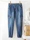 Solid Color Denim Pocket Button High Waist Casual Jeans - Blue