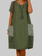 女性スパンコールポケットスプライスコットン半袖ドレス - 濃い緑色