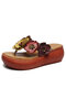 Socofy Genuine Leather Comfy Summer Vacation Bohemian Ethnic Floral Decor Platform Flip-Flop Sandals - Apricot