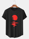Mens Red Sun Figure Print Curved Hem Short Sleeve T-Shirts - Black