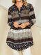 Tribal Pattern Floral Button Long Sleeve Stand Collar Blouse - Navy