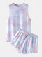 Women Sleeveless Pajamas Short Set Tie Dye Softies Gradient Two Piece Loungewear With Flounce Trim Bottom - Pink