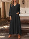 Casual Solid Color Button V-neck Plus Size Dress with Pockets - Black