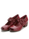 Socofy Genuine Leather Floral Embellished Hook & Loop Soft Comfy Round Toe Retro Mary Jane Heels - Wine Red