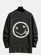 Mens Smile Face Print Crew Neck Knit Cotton Casual Pullover Sweaters - Black