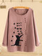 Cat Butterfly Print Button Long Sleeve Plus Size Blouse - Pink