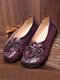 Socofy Genuine Leather Handmade Stitching Casual Slip-On Soft Comfy Knotted Flowers Flat Shoes - Purple