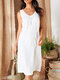 Solid Color O-neck Sleeveless Drawstring Midi Dress - White