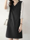 Contrast Dual Pocket 3/4 Sleeve V-neck Casual Dress - Black