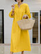 Solid Pocket 3/4 Sleeve V-neck Loose Casual Dress - Yellow