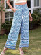 Floral Print Pocket Drawstring Tassel Wide Leg Pants - Blue