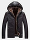 Mens PU Leather Thickened Fleece Lined Long Sleeve Hooded Zipper Jackets Coats - Coffee