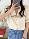 Contrast Color Puff Sleeve Button Front Loose Shirt - Beige