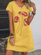 Women Floral Print V-Neck Cotton Short Sleeve Dress - Yellow