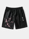 Mens Cherry Blossoms Japanese Print Street Drawstring Shorts With Pocket - Black