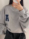 Lockeres Langarm-Sweatshirt mit Buchstabenmuster und fallender Schulter - Grau