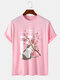 Mens Cat Cherry Blossoms Letter Print Street Cotton Short Sleeve T-Shirts - Pink