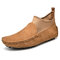 Men Genuine Pig-skin Leather Comfort Elastic Textile Slip On Casual Shoes - Brown