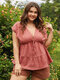 Plus Size Polka Dot Knotted Ruffle Short Sleeve Blouse - Rust