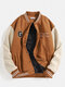 Mens Vintage Patchwork Drop Shoulder Button Varsity Jacket - Brown