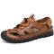 Men Casual Closed Toe Cowhide Leather Hard Wearing Outdoor Hand Stitching Sandals - Brown