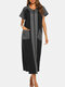 Patched Pocket Short Sleeve Zipper Dress - Black