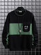 Mens Smile Face Print Patchwork Crew Neck Pullover Sweatshirts Winter - Green