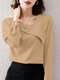 Solid Asymmetrical Neck Long Sleeve Women Blouse - Khaki