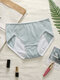 Women Striped Patchwork Antibacterial Thin 100% Cotton Mid Waist Panties - Dark Green
