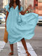 V-neck Short Sleeve Loose Solid Color Plus Size Dress - Blue