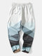 Mens Ombre Mountain Print Chinese Style Drawstring Cuffed Pants - White