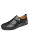 Men Hook Loop Soft Round Toe Hand Sitching Leather Driving Shoes - Black