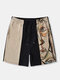 Pantalones cortos de cintura con cordón de patchwork de bloque de color con estampado de cara abstracta para hombre - Caqui
