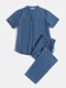 Men Cotton Linen Shirt Co-ords Stand Collar Chest Pocket Cozy Two Pieces Loungewear Sets - Blue